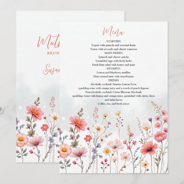 Dreamy Spring Mothers Day Wildflowers Floral Menu (Front/Back)