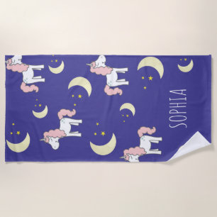 Dreamy Star Pink Magical Unicorn Girls Dark Blue Beach Towel