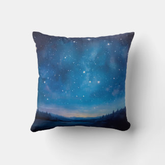Dreamy Starry Night Sky over Forest Landscape Oil Throw Pillow