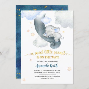Dreamy Stars Blue Elephant Baby Shower Invitation