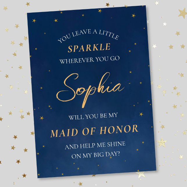 Dreamy Stars Celestial Navy Maid of Honor Proposal Note Card (Creator Uploaded)