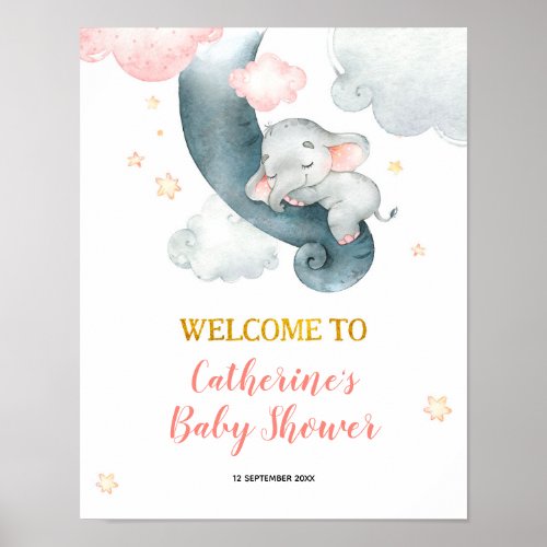Dreamy Stars Elephant Girl Baby Shower Poster