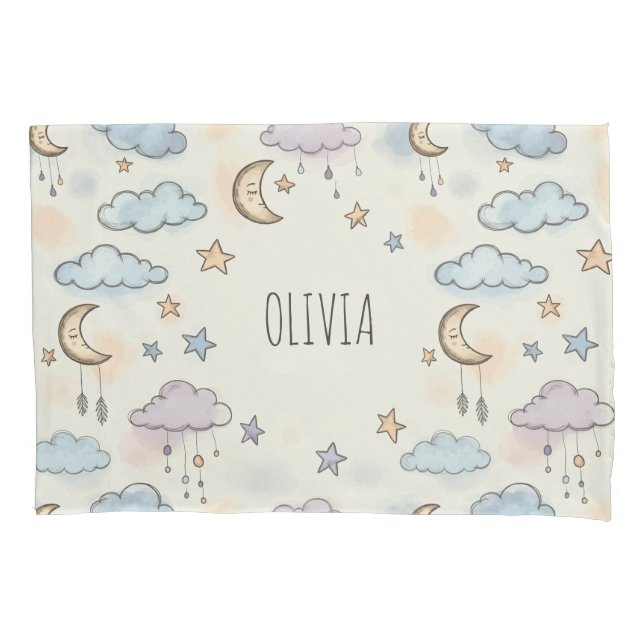 Dreamy Stars, Moons, and Fluffy Clouds  Pillow Case (Front)