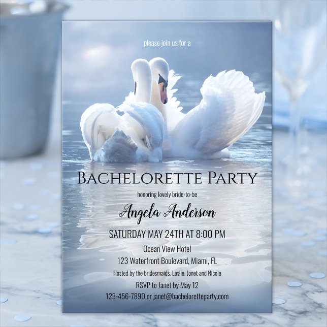 Dreamy Swan Lake Bachelorette Party Invitation (Elegant bachelorette party invitation featuring two swans in love on a hazy sunlit lake)
