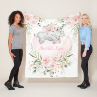 Dreamy Sweet Baby Elephant Girl Blush Pink Floral Fleece Blanket