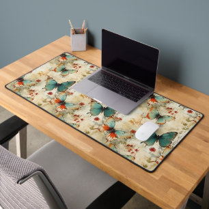 Dreamy Teal Butterfly Cottage Garden Floral Desk Mat