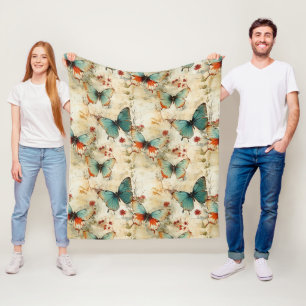 Dreamy Teal Butterfly Cottage Garden Floral Fleece Blanket