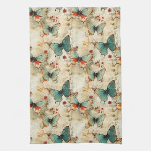Dreamy Teal Butterfly Cottage Garden Floral Kitchen Towel