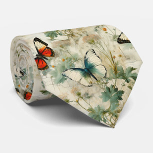 Dreamy Teal Butterfly Cottage Garden Floral Neck Tie