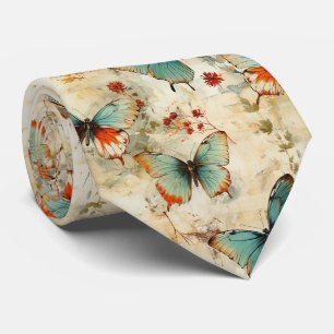 Dreamy Teal Butterfly Cottage Garden Floral Neck Tie