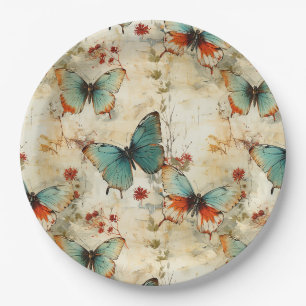 Dreamy Teal Butterfly Cottage Garden Floral Paper Plates