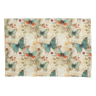 Dreamy Teal Butterfly Cottage Garden Floral Pillow Case
