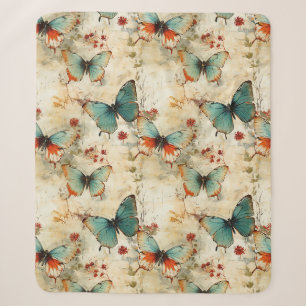 Dreamy Teal Butterfly Cottage Garden Floral Sherpa Blanket