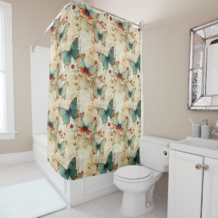 Dreamy Teal Butterfly Cottage Garden Floral Shower Curtain