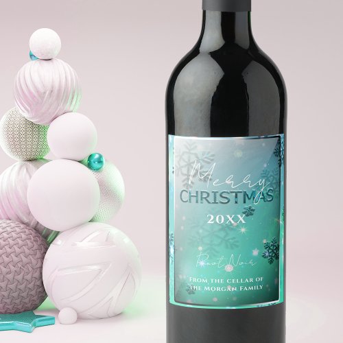 Dreamy Teal Silver Winter Wonderland Christmas  Wine Label