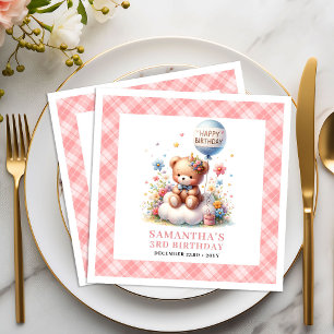 Dreamy teddy bear balloon blush floral birthday paper dinner napkins