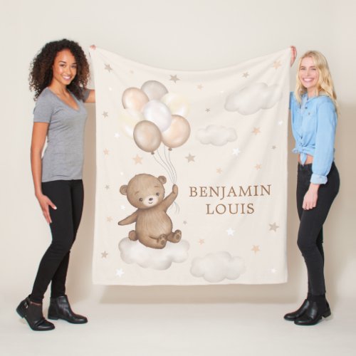 Dreamy Teddy Bear  Balloons Neutral Baby Nursery Fleece Blanket