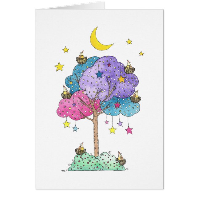 Dreamy Tree of Nesting Birds under the Stars Cards (Front)