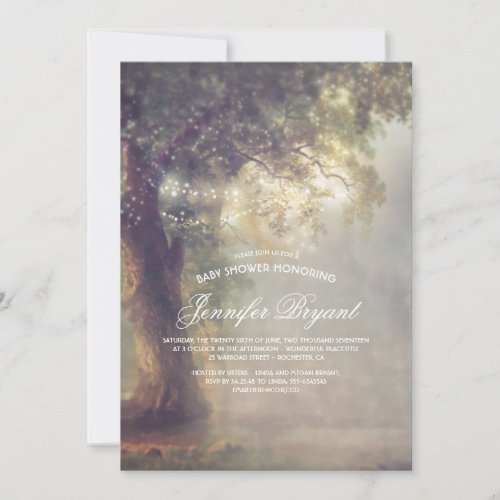 Dreamy Tree String Lights Rustic Baby Shower Invitation - Old oak tree and string lights enchanted baby shower invitations