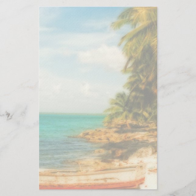 Dreamy Tropical Beach with Rowboat Stationery (Front)