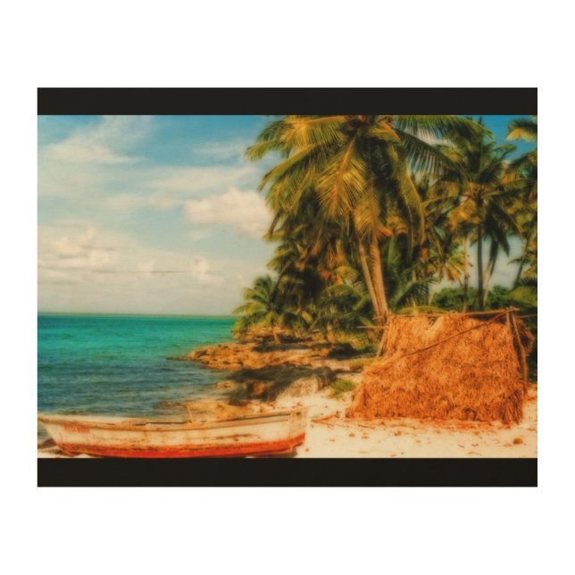 Dreamy Tropical Beach with Rowboat Wood Wall Art (Front)