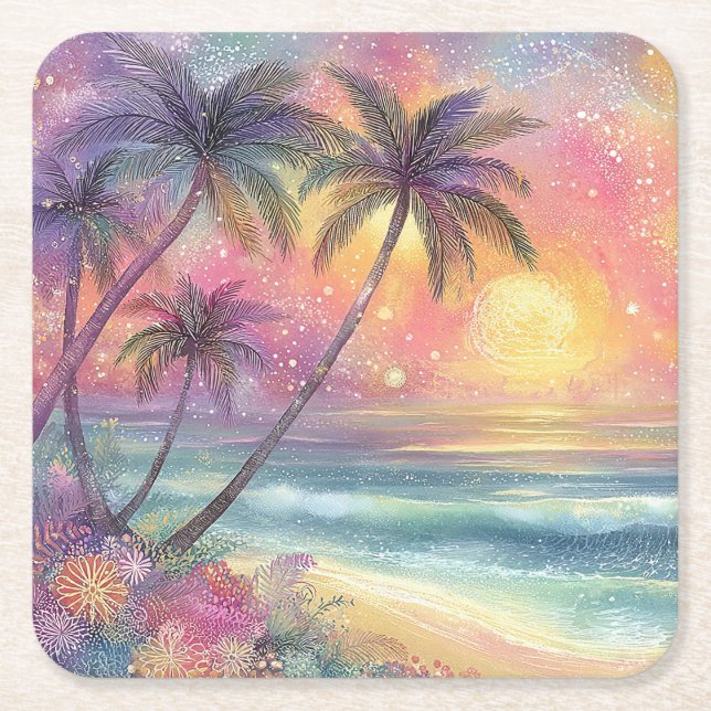 Dreamy tropical beachscape square paper coaster (Front)