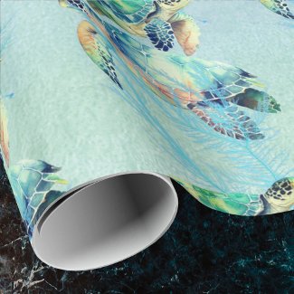 Dreamy Turtles Swimming in Watercolor Look Sea