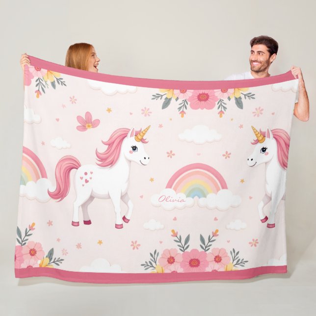 Dreamy Unicorns, Rainbows, Flowers, Cute Fleece Blanket (In Situ)