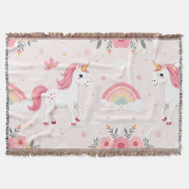 Dreamy Unicorns, Rainbows, Flowers, Cute Throw Blanket (Front)