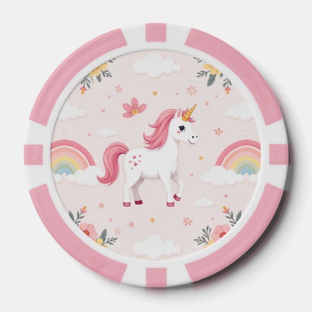 Dreamy Unicorns, Rainbows, Flowers, Lucky Poker Chips (Front)