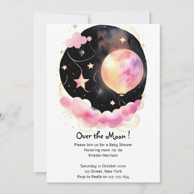 Dreamy Watercolor Baby Shower: Moon & Stars Invitation (Front)