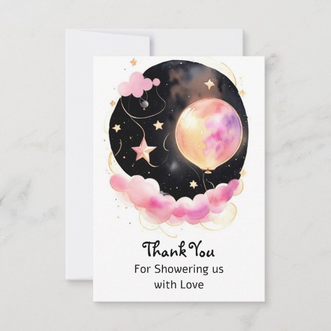 Dreamy Watercolor Baby Shower: Moon & Stars Thank You Card (Front)
