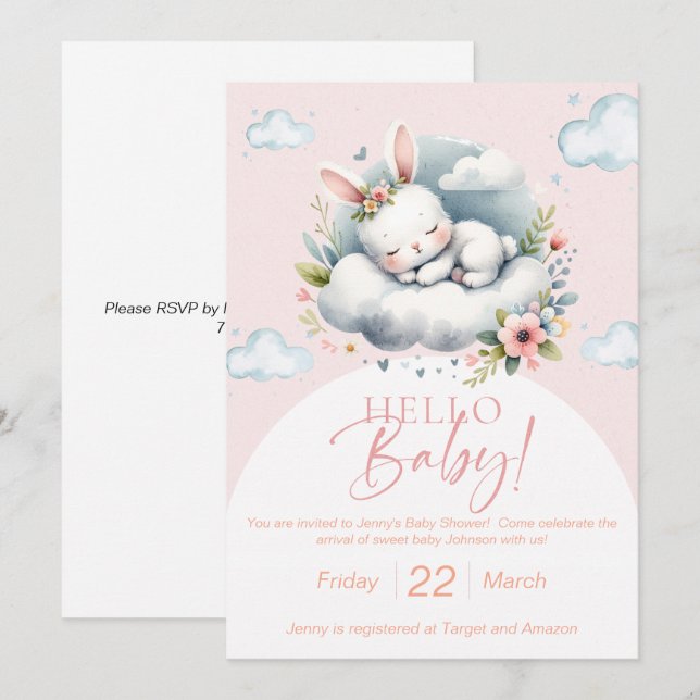 Dreamy watercolor bunny baby shower invitation (Front/Back)