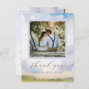dreamy watercolor clouds wedding photo thank you postcard