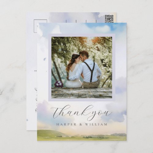 dreamy watercolor clouds wedding photo thank you postcard