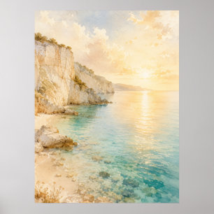 Dreamy Watercolor Coastal Cliffs at Sunrise Poster