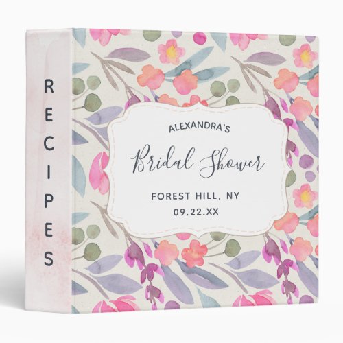 Dreamy Watercolor Floral  Bridal Shower Recipe 3 Ring Binder