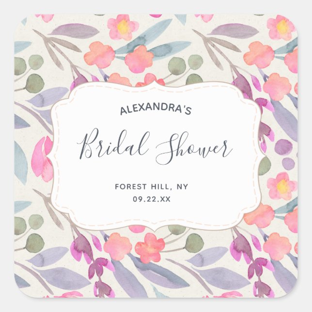 Dreamy Watercolor Floral | Bridal Shower Square Sticker (Front)