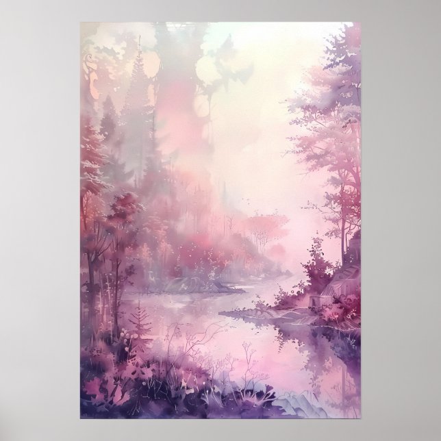 Dreamy Watercolor Forest in Rose Hues Poster (Front)