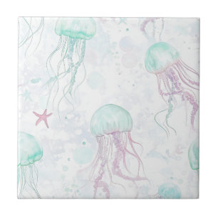 Dreamy Watercolor Jellyfish Ocean Pattern Ceramic Tile