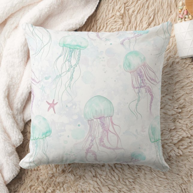 Dreamy Watercolor Jellyfish Ocean Pattern Throw Pillow (Blanket)