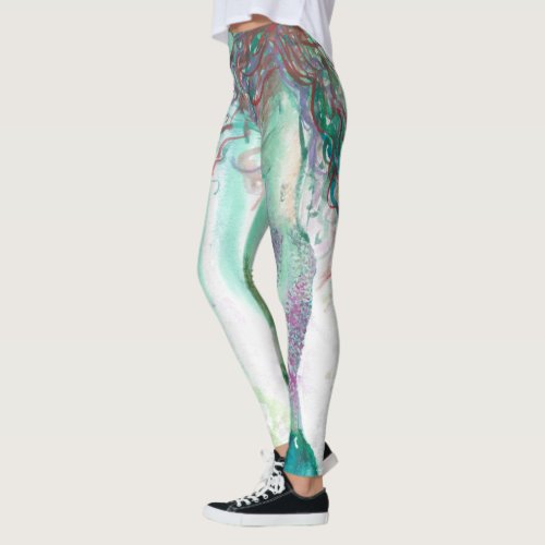 Dreamy watercolor mermaid on yoga pants leggings