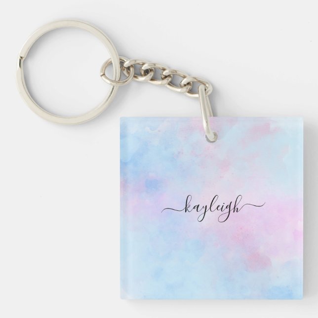 Dreamy Watercolor Pink Blue Turquoise Keychain (Front)