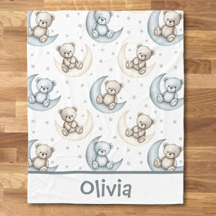 Dreamy Watercolor Teddy Bear on the Moon Fleece Blanket
