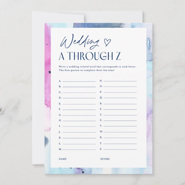 Dreamy Wedding A-Z Bridal Shower Party Game Card (Front)