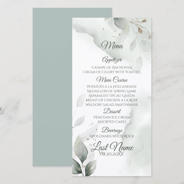 Dreamy Wedding Menu Watercolor Greenery  (Front/Back)