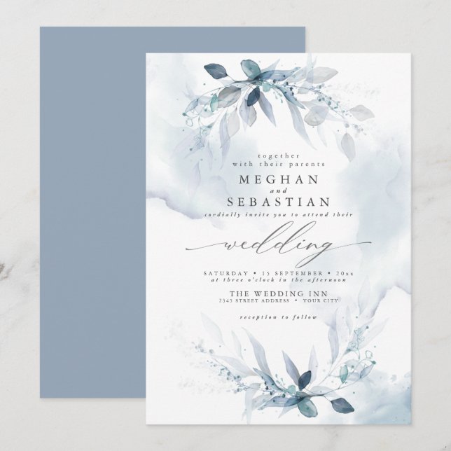 Dreamy Wedding Watercolor Dusty Blue  Invitation (Front/Back)
