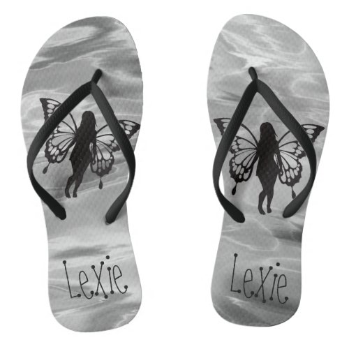 Dreamy Whimsical Fairie Silver Black Personalized  Flip Flops