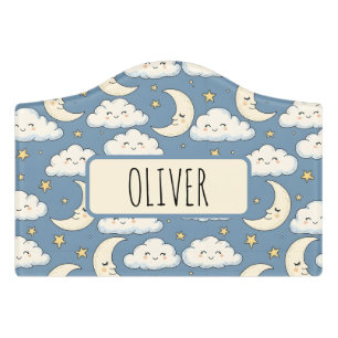 Dreamy Whimsical Sleeping Moon and Clouds Door Sign