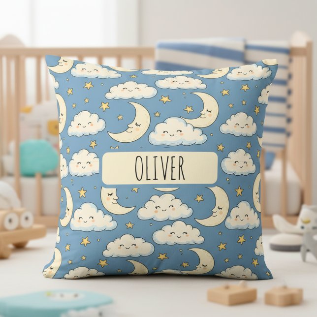 Dreamy Whimsical Sleeping Moon and Clouds Throw Pillow (Creator Uploaded)